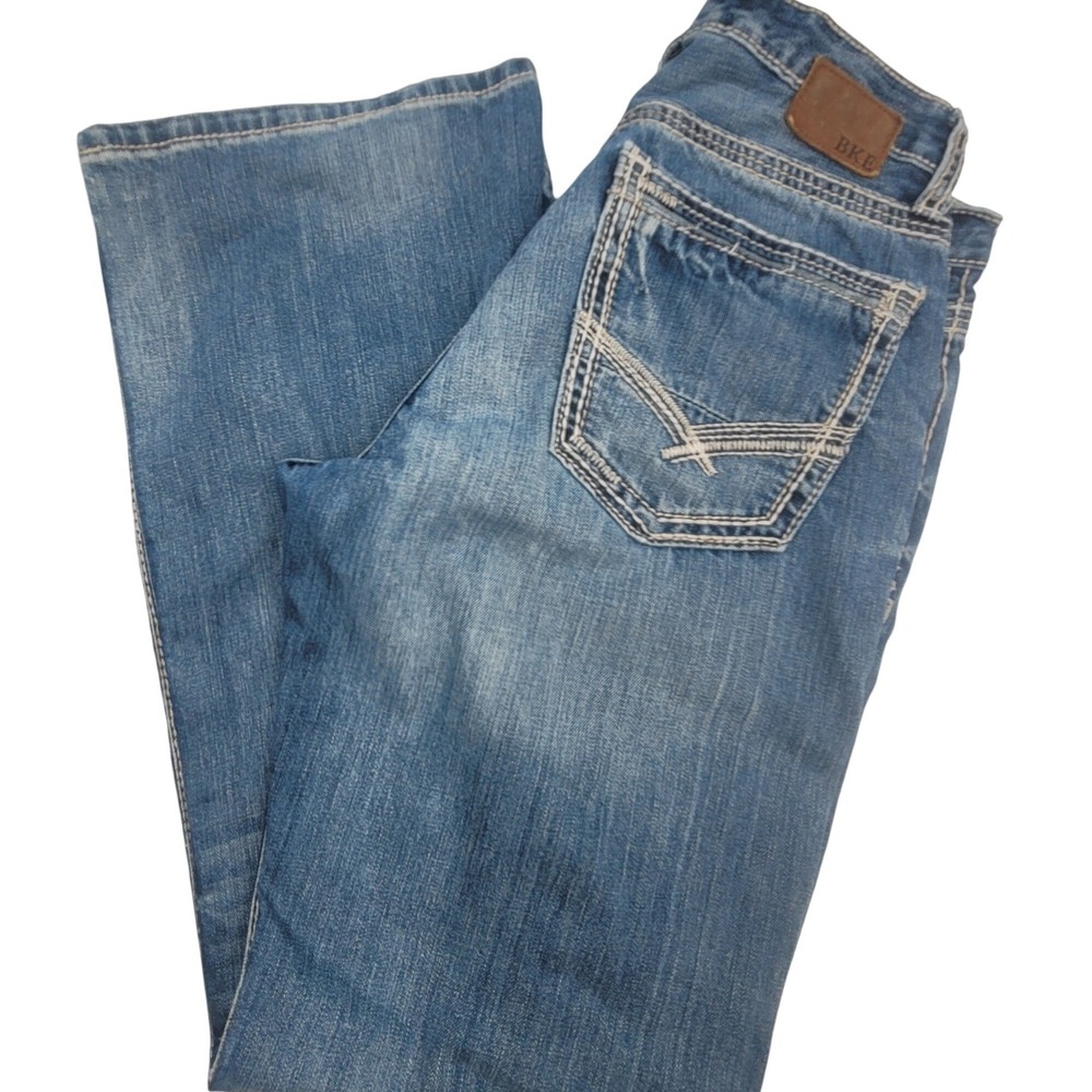 BKE Tyler Mens Bootcut Jeans Y2K Medium Wash Contrast Stitch Denim 32R 34x28